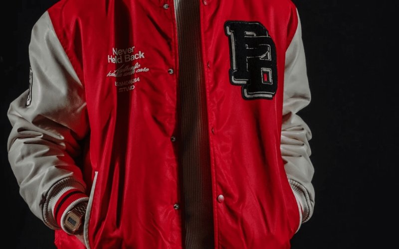 The right front panel of a letterman jacket