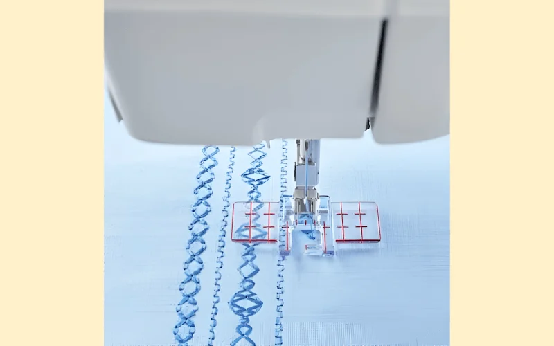 A border guide presser foot excels at sewing parallel rows of stitching, ideal for decorative topstitching or quilting