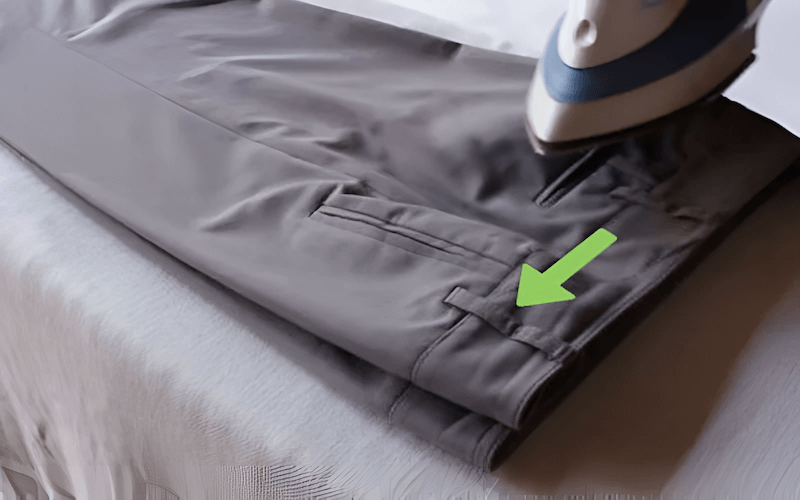 Start ironing with the waistband and pockets, working to create a solid base