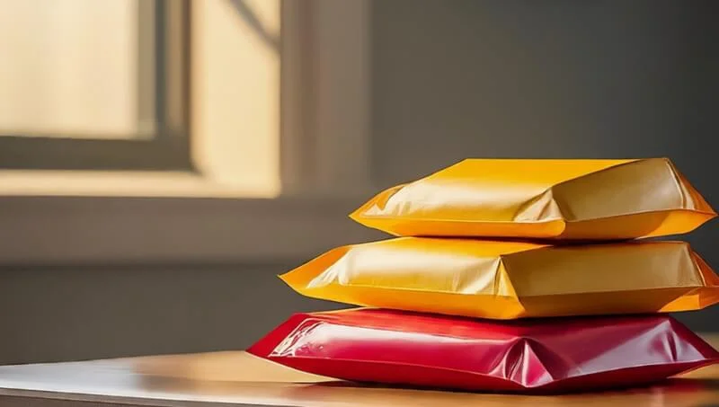 Different sizes of poly mailers stacked together for comparison