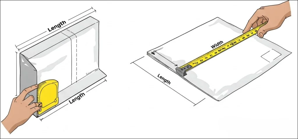 Measuring a poly mailer with a ruler to determine dimensions