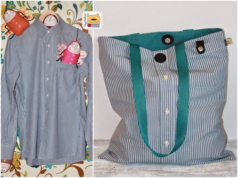 Variety of upcycled shirt projects: bags, cushions, and refashioned garments.
