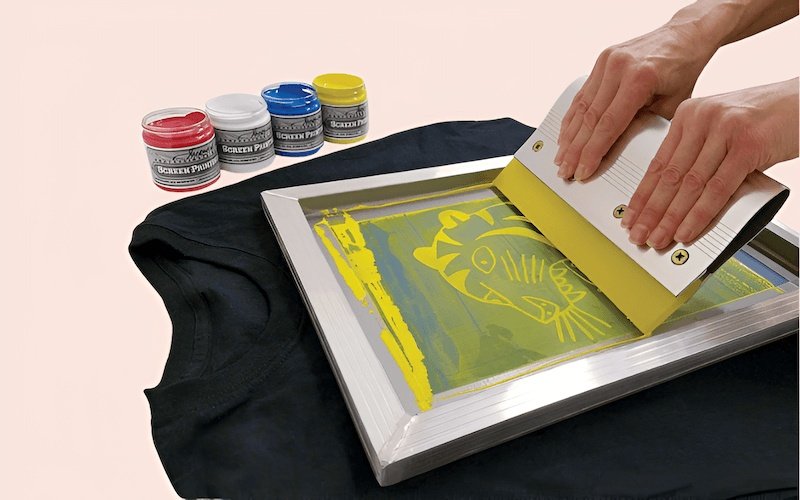 Screen printing uses a framed mesh screen, ink, and a stencil.