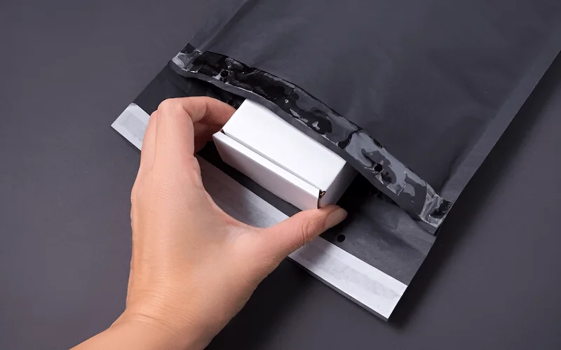 Polyester, often used in the form of plastic film is the standard material for poly mailers used in packaging and shipping apparel