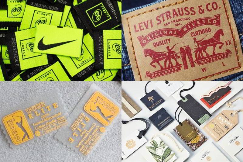 Examples of various apparel brand label materials and styles.