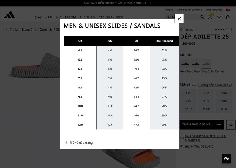 Pop-ups offer focused size information.