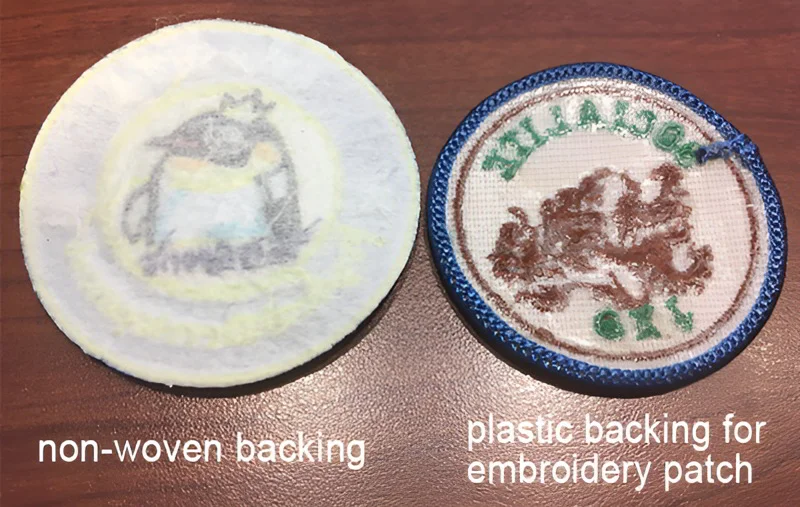 Identify iron-on patches by their shiny heat seal backing.