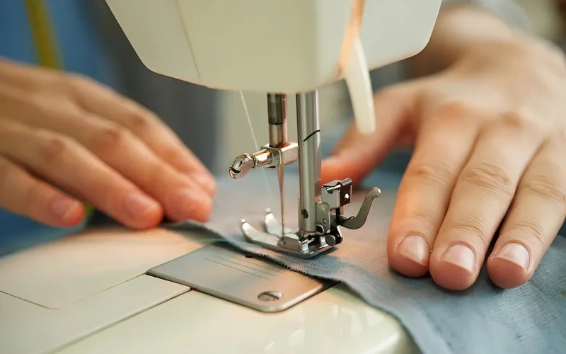 The presser foot helps keep the fabric flat and steady on the machine's surface while the needle makes stitches. This helps you sew straight and evenly