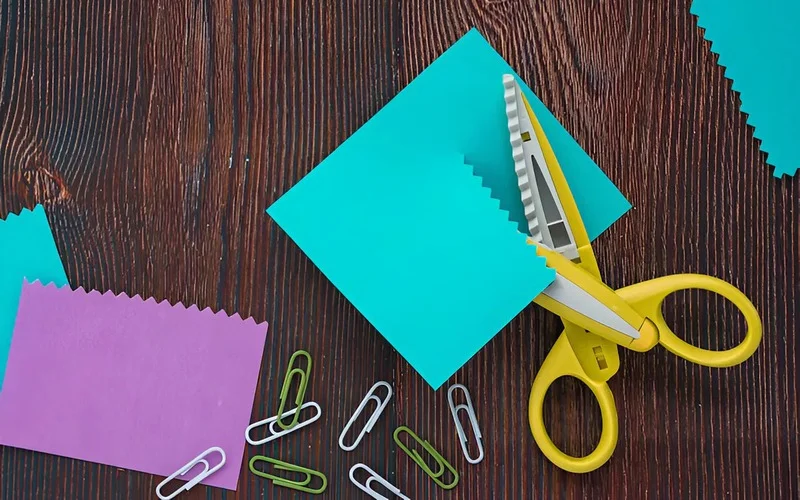 Pinking shears are suitable for creating borders on cards, scrapbook pages, gift tags, or other paper decorations