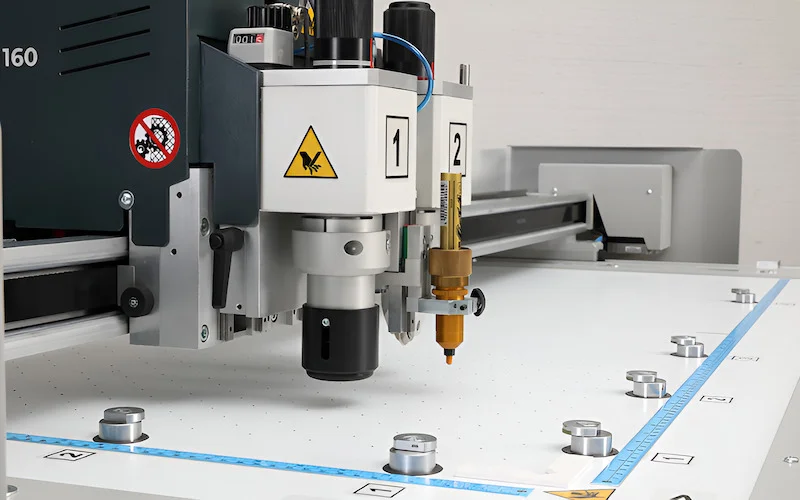 With a flatbed plotter, the paper or material lies flat and stays still on a large, flat bed or table