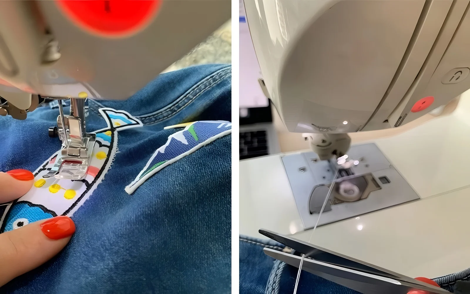 Guide the fabric gently under the machine's needle, letting the feed dogs do the work to maintain an even seam